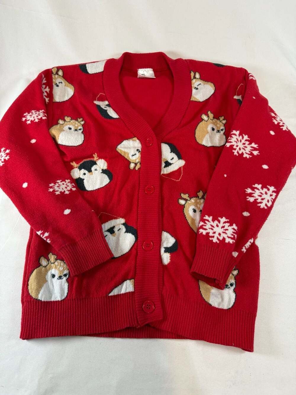 Squishmallows Cardigan Size L Red Christmas Holiday Deer Penguin Sweater Kidcore